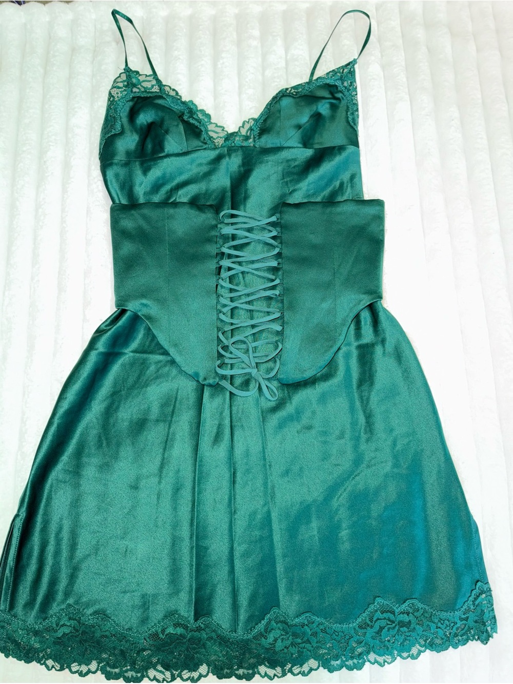 House of CB Emerald Green Satin Lace-Up Slip Dress